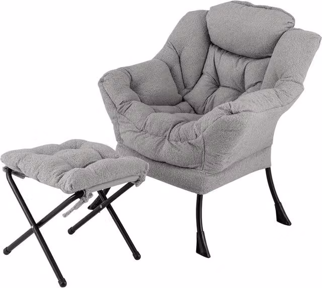 Gymax Modern Grey Bouclé Accent Chair with Ottoman and Folding Footrest
