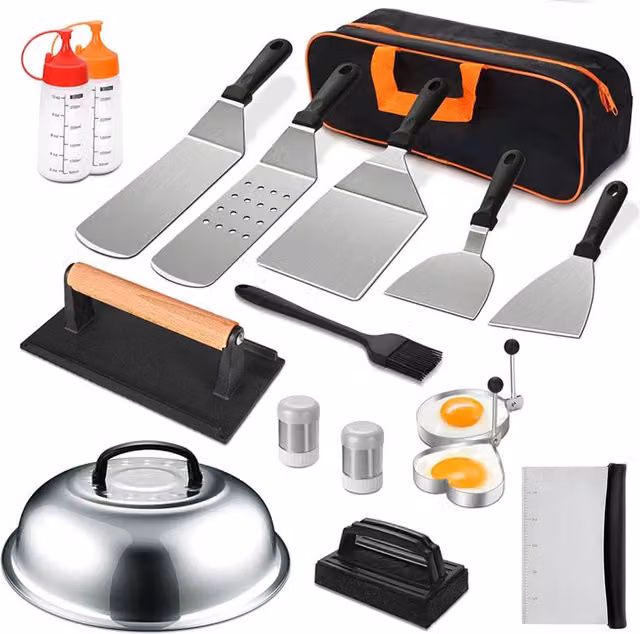 Livingandhome 17-Piece Stainless Steel BBQ Griddle Tool Kit in Black and Silver