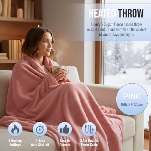 PureMate CozyMate Heated Throw Pink Fleece Electric Blanket with 9 Heat Settings and Timer, W/D/H: 160 x 130 cm – 2