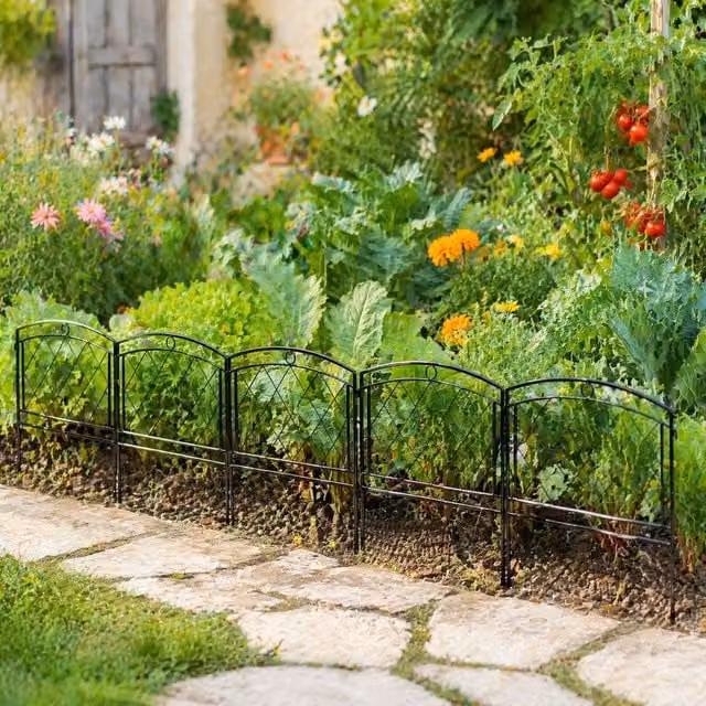 STILVORA Black Powder-Coated Steel Garden Fence Panels, Set of 6, Width: 360 cm – 1
