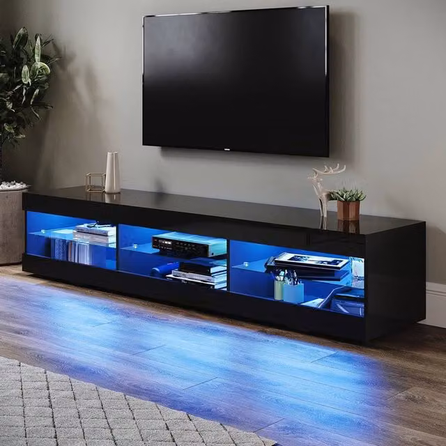 FORGEVIO Black High Gloss Modern LED TV Stand Cabinet, Width: 180 cm