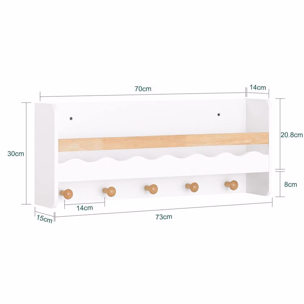 SoBuy Scandinavian Wall Mounted Shelf with 5 Hooks in White and Natural Wood – 2
