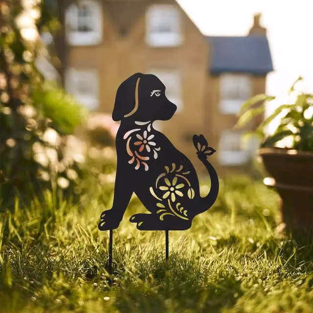 Nicoman Metal Dog Silhouette Garden Ornament with Floral Pattern, Black