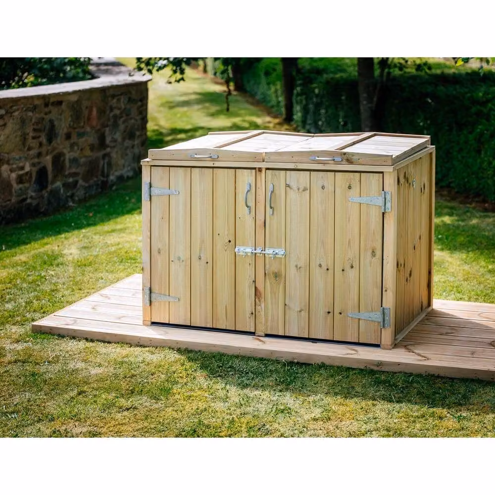 The Garden Village Dutton Double Timber Dustbin Store in Brown, W122.5 x D64 x H88 cm – 3