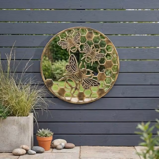 Garden Greatness Large Honeycomb Bee Geometric Metal Hanging Garden Mirror in Bronze