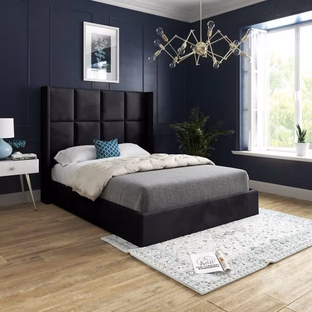 KDMD Quanta Small Single Straight Winged Upholstered Velvet Bed Frame in Black