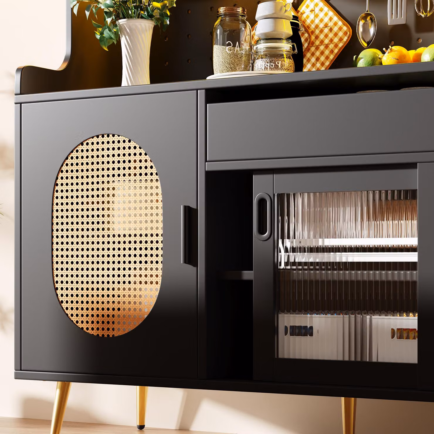 Aosom UK Country-Style Black Sideboard with Fluted Glass Doors and App-Controlled LED Lighting, W: 145 cm, D: 39 cm, H: 171 cm – 8