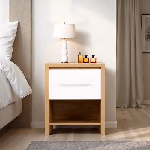 Seconique Seville Modern 1 Drawer Bedside Cabinet in White Gloss and Oak – 2