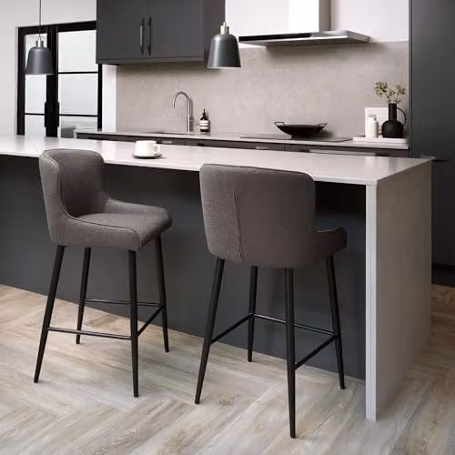 Bentley Designs Rubens Bar Stool Pair in Grey Boucle with Black Metal Legs