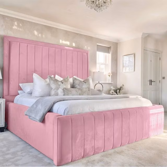 Living Comfort Bedz Geneva Super King Upholstered Velvet Bed Frame with Lift Up Base in Pink, W/D/H: 200 x 160 x 137.16 cm