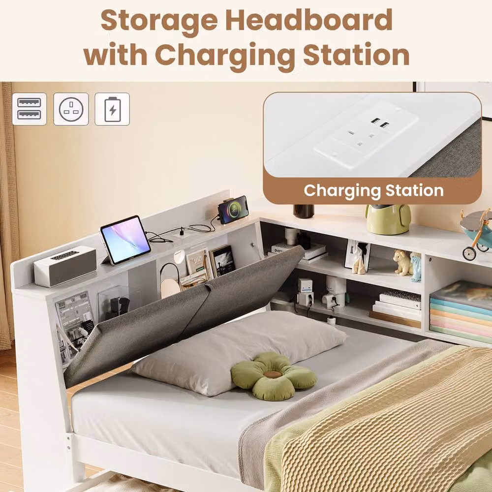 ModernLuxe L-shaped single daybed in white with drawers, bookcase, storage headboard, and USB charging port, W/D/H: 220 x 90 x 112 cm – 2