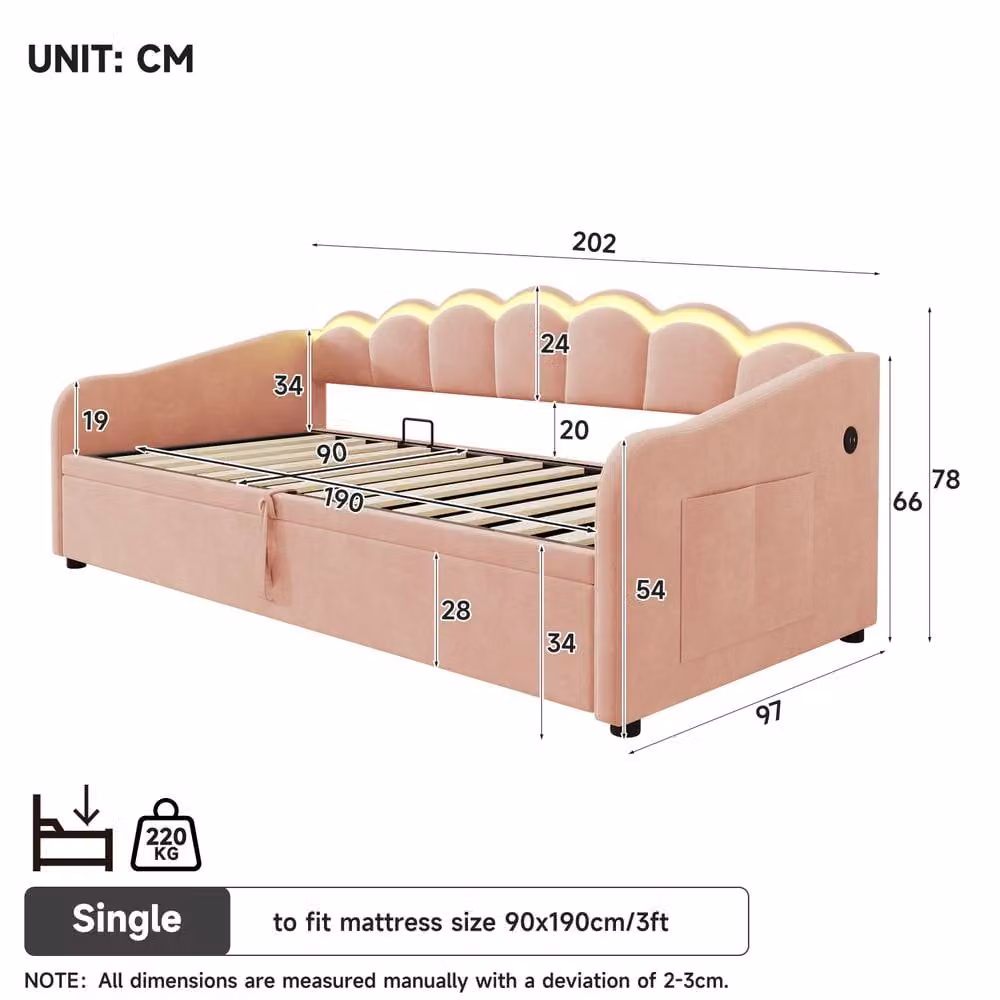 BTM Petal Daybed in Pink Velvet with RGB LED Under-Bed Lighting, USB Charging Port and Hydraulic Storage, W/D/H: 190 x 90 x 78 cm – 4