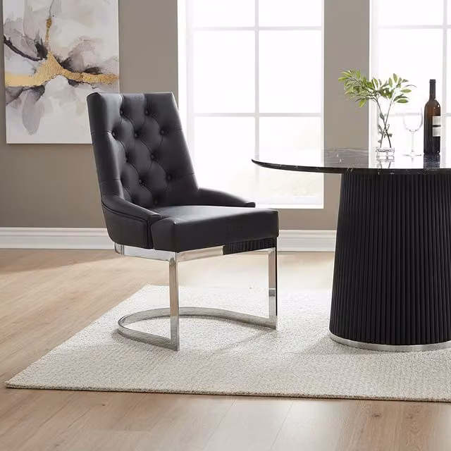 Orsina Azalea Tufted Black Faux Leather Dining Chair with Silver Metal Legs