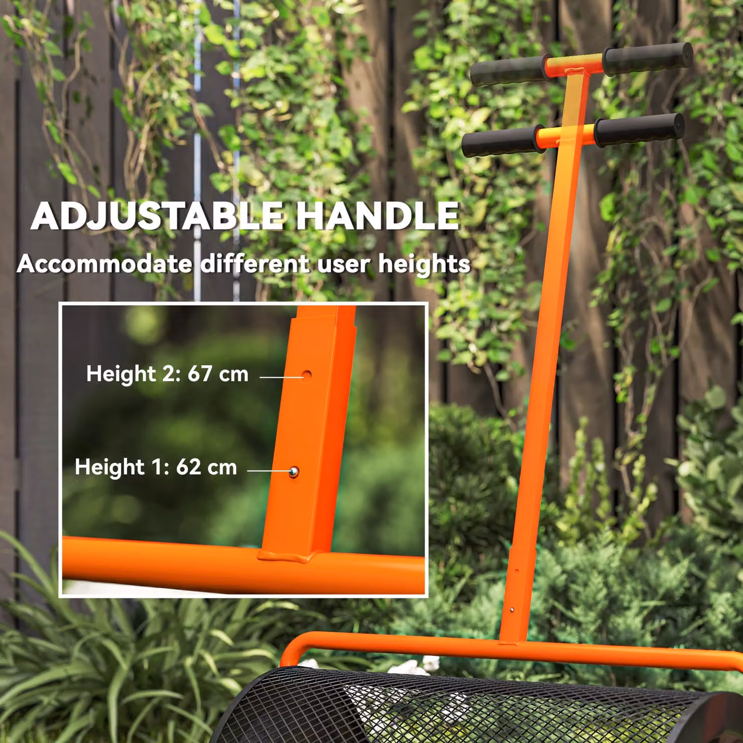 Outsunny Compost Spreader with Height Adjustable T-Shaped Handle and Metal Mesh Basket, Orange, Diameter: 60.96 cm – 5
