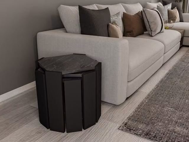 Decorotika Lori 3 Pieces Nesting Table Set in Black Marble Effect and Black