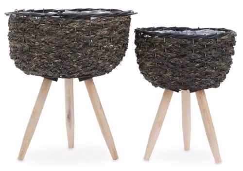 Premier Housewares Set of Two Black Round Tabletop Planters with Wooden Legs, W/D/H: 33 x 33 x 41 cm