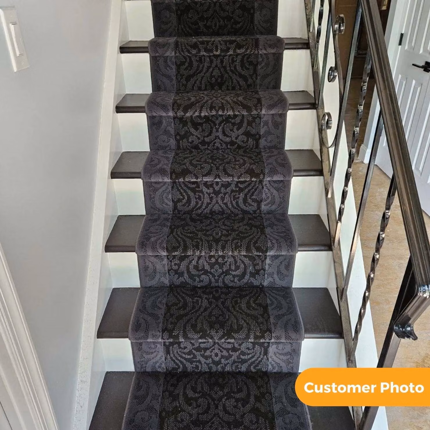 runrug Baroque Ornament Stair Runner in Black and Grey, W: 60 cm, L: 720 cm, Thickness: 0.9 cm – 6