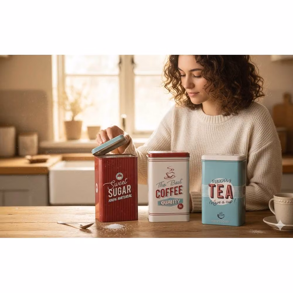 SPETLEK Premium Retro 3-Piece Stainless Steel Tea, Coffee and Sugar Kitchen Storage Set in Silver and Multicolour Striped Design – 5