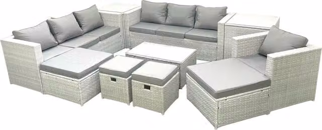 Fimous 10 Piece Rattan Garden Furniture Set in Light Grey with Sofa, Chairs, Coffee Table, 2 Side Tables and 4 Footstools – 1