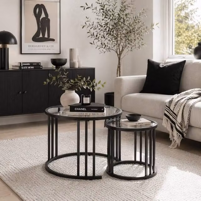 Wyld Haus Kane Set of 2 Round Nesting Tables with Black Metal Steel Frame and Glass Tops