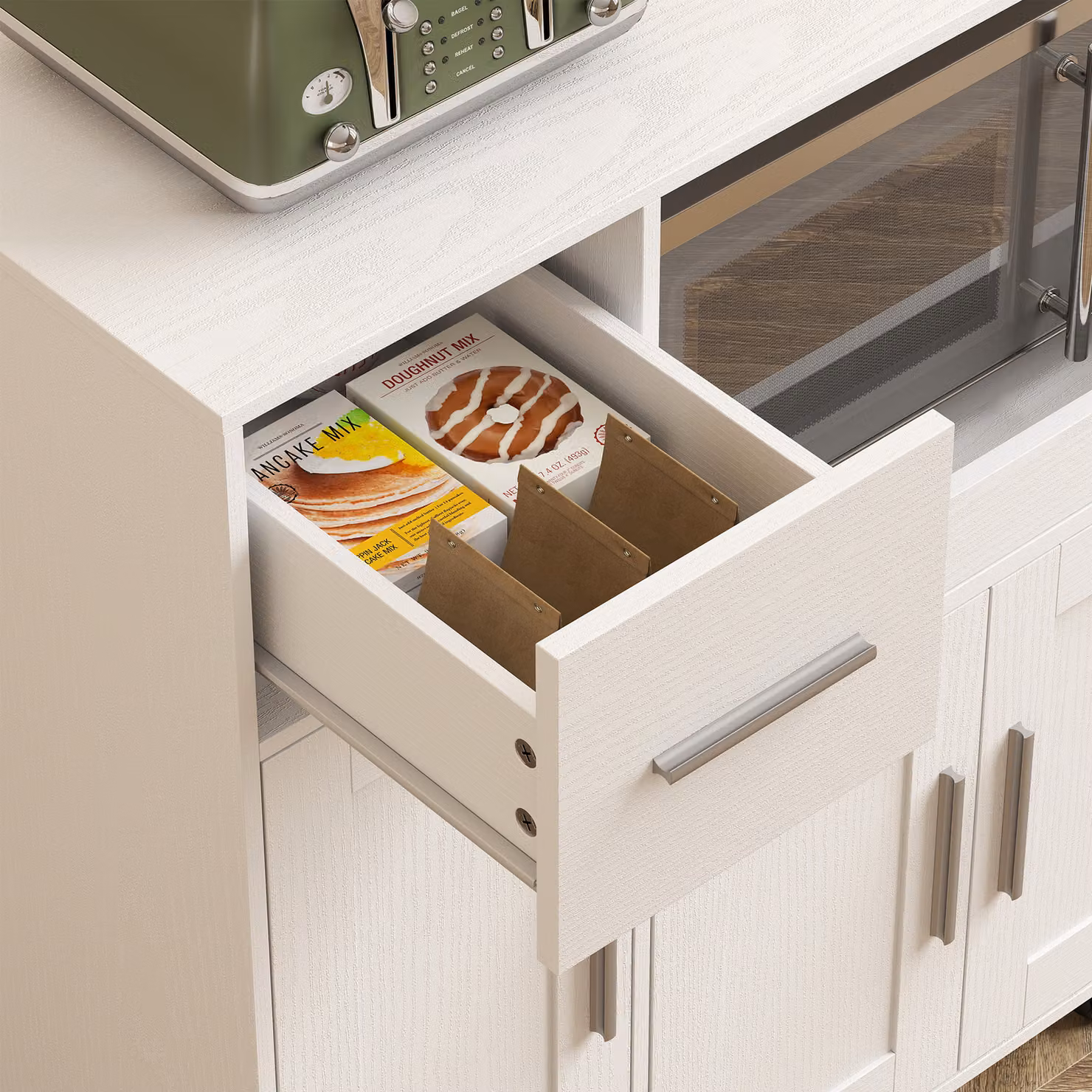 HOMCOM White Rolling Kitchen Cart with Microwave Cabinet, Sliding Tray, Drawer and 3-Door Cupboard – 6