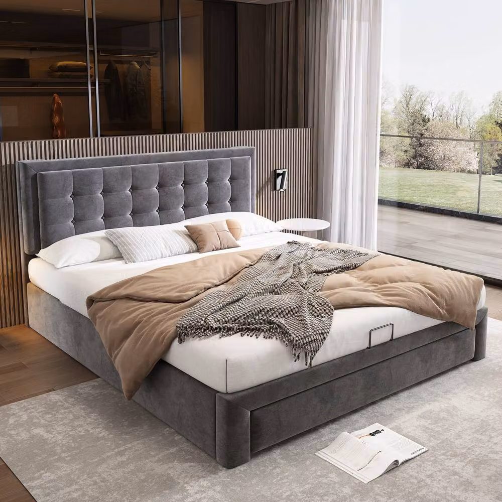 Rolipo Grey Velvet Double Bed 4ft6 Ottoman Storage Bed Frame with Headboard – 2