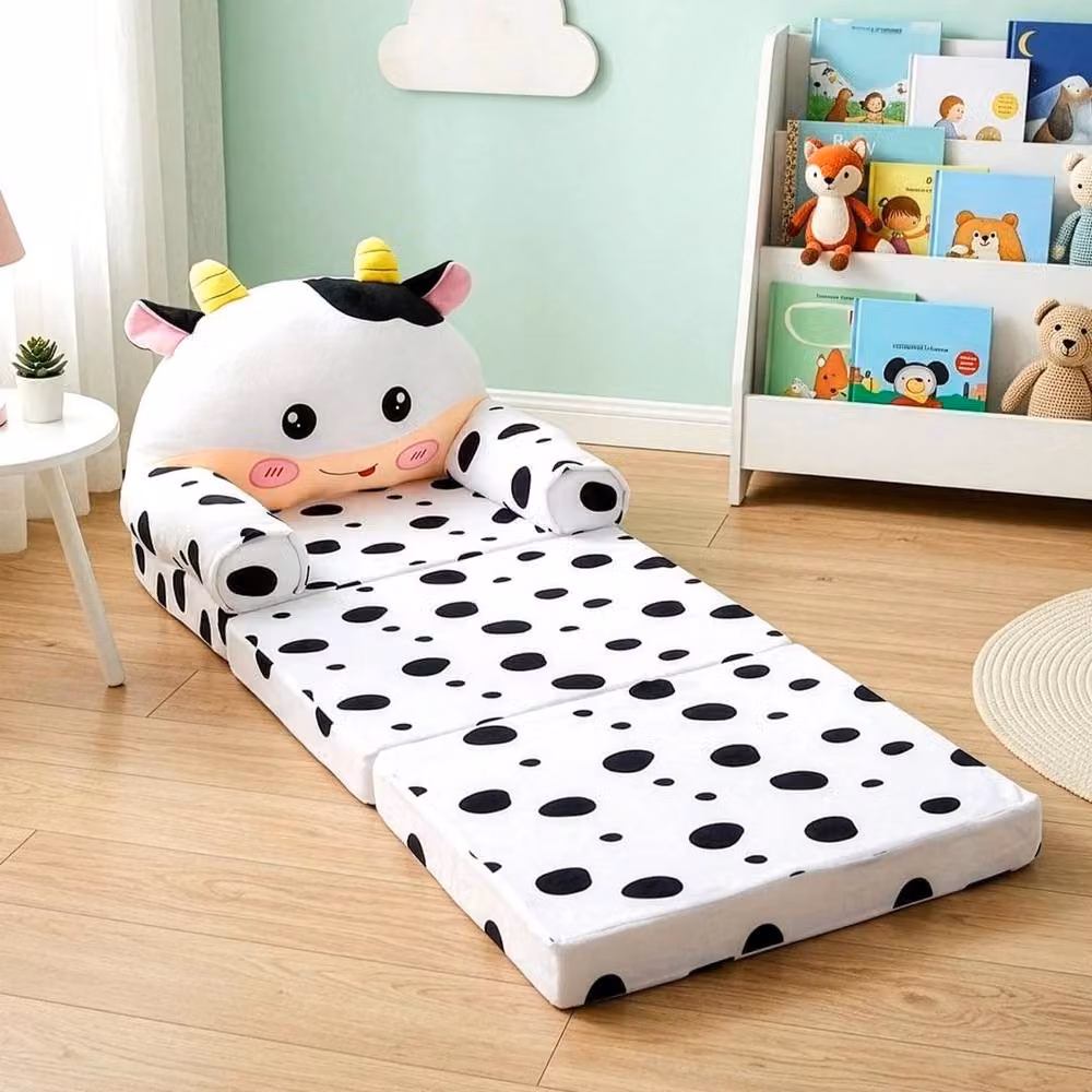 FORGEVIO Cow Print Foldable Kids Sofa in White with High Density Foam and Removable Washable Cover – 2