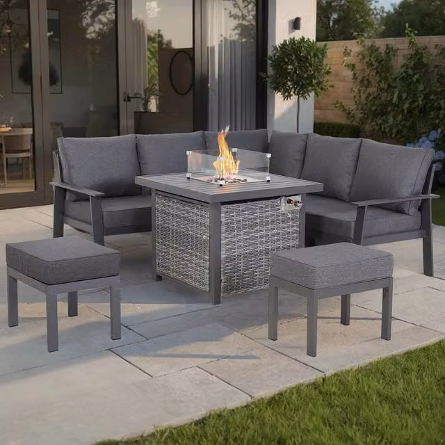 Furnishings For Less UK Powder Coated Aluminium L-Shape Garden Corner Sofa Set with Fire Pit Table, Bench and Upholstered Cushions in Grey – 1