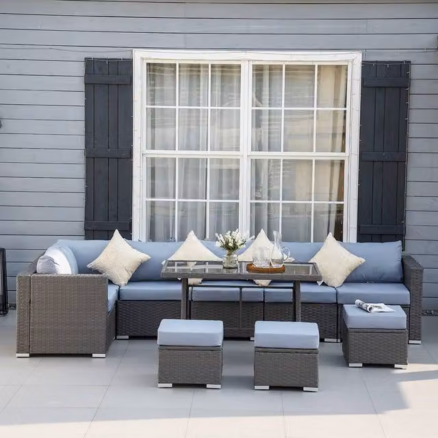 OUTSUNNY 10 Piece Grey Rattan Sofa Set with Table, Stools and Cushions – 1