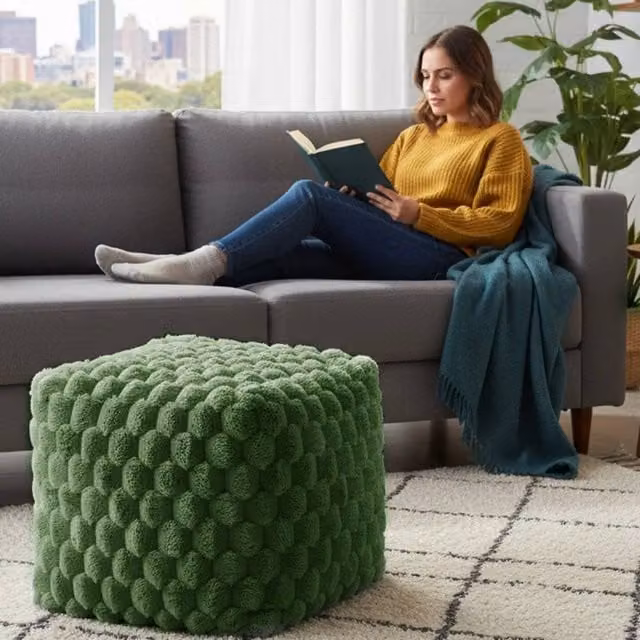 Home Republic Chunky Popcorn Faux Fur Bean Bag in Green, W/D/H: 43 x 43 x 43 cm