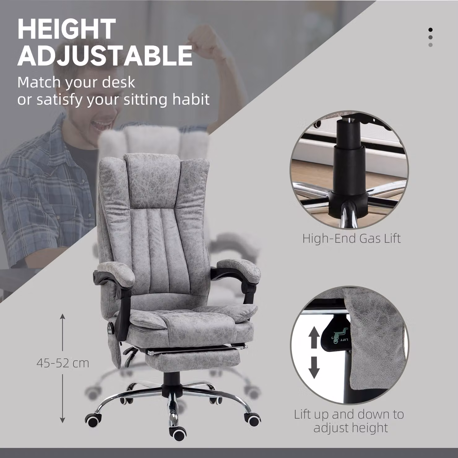 Vinsetto Grey Microfibre 6-Point Vibrating Massage Office Chair with Headrest and Footrest – 3