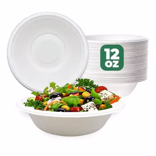 ECONX 50 Pack Biodegradable Bagasse Bowls, 360ml, White Sugarcane Disposable Bowls – 1