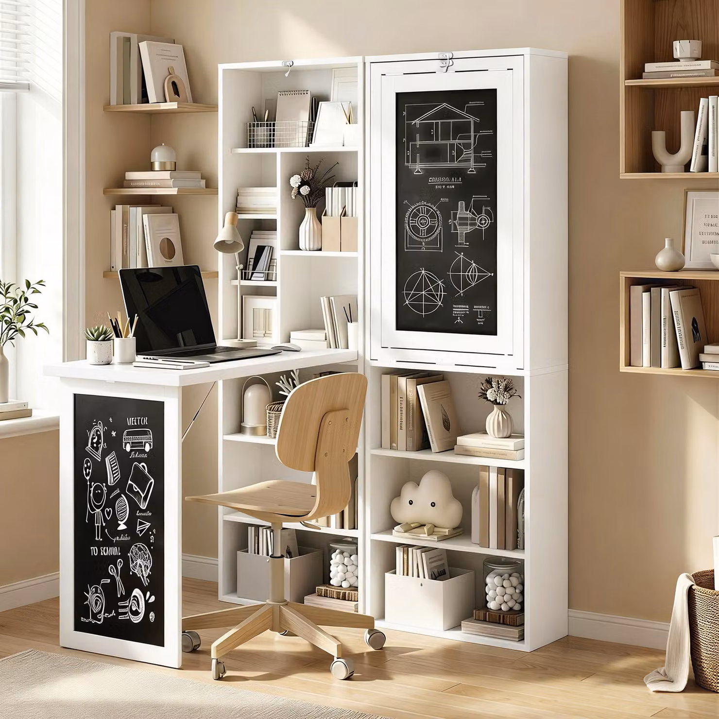 HOMCOM White Fold-out Convertible Secretary Desk with Blackboard and Side Shelf for Home Office – 2