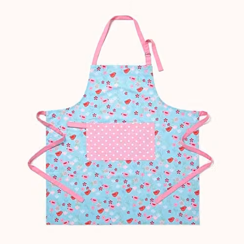 Homescapes Birds and Flowers Pink and Blue Cotton Unisex Apron W/H: 80 x 85 cm