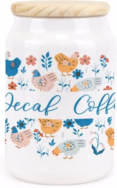 Purely Home Botanical Chickens Ceramic Decaf Coffee Storage Canister in Blue and White Floral