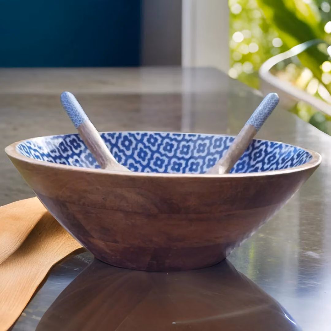 Hartsmede Sambhal Mango Wood Salad Serving Bowl with Spoons, Blue and Brown – 3