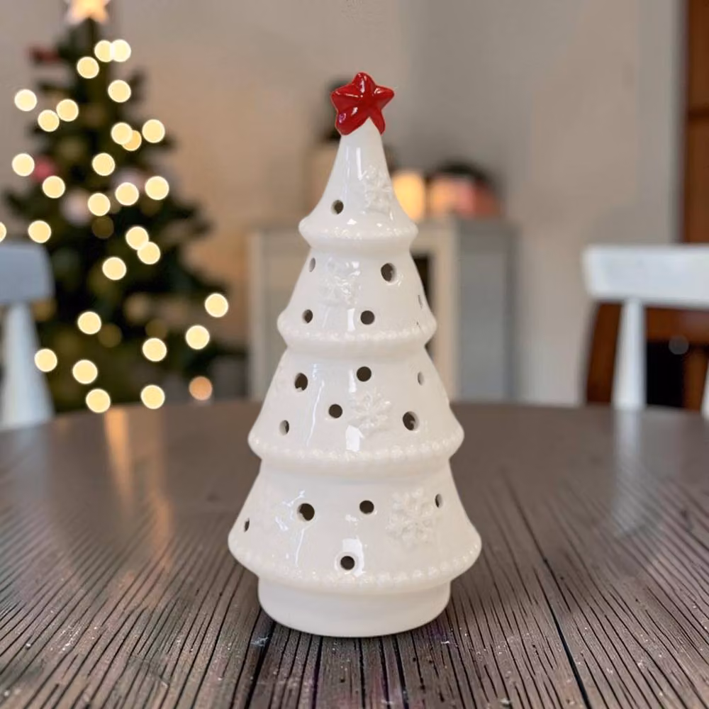 Four Candle White Ceramic LED Winter Wonderland Tabletop Christmas Tree with Star, Height: 20 cm – 2