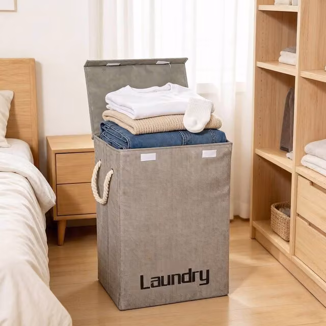 Garden Sanctuary Grey Fabric Folding Laundry Basket Hamper with Lid and Handles – 1