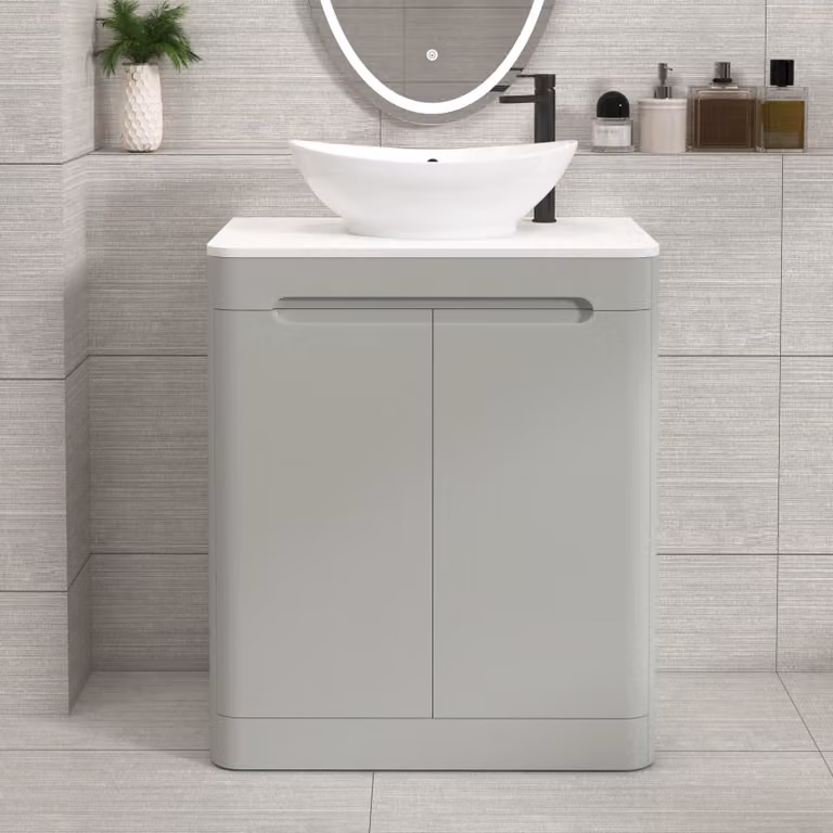 Royal Bathrooms Venice 700mm Floor Standing 2 Door Vanity Unit in Dove Grey with Plain White Worktop and Amaze Basin