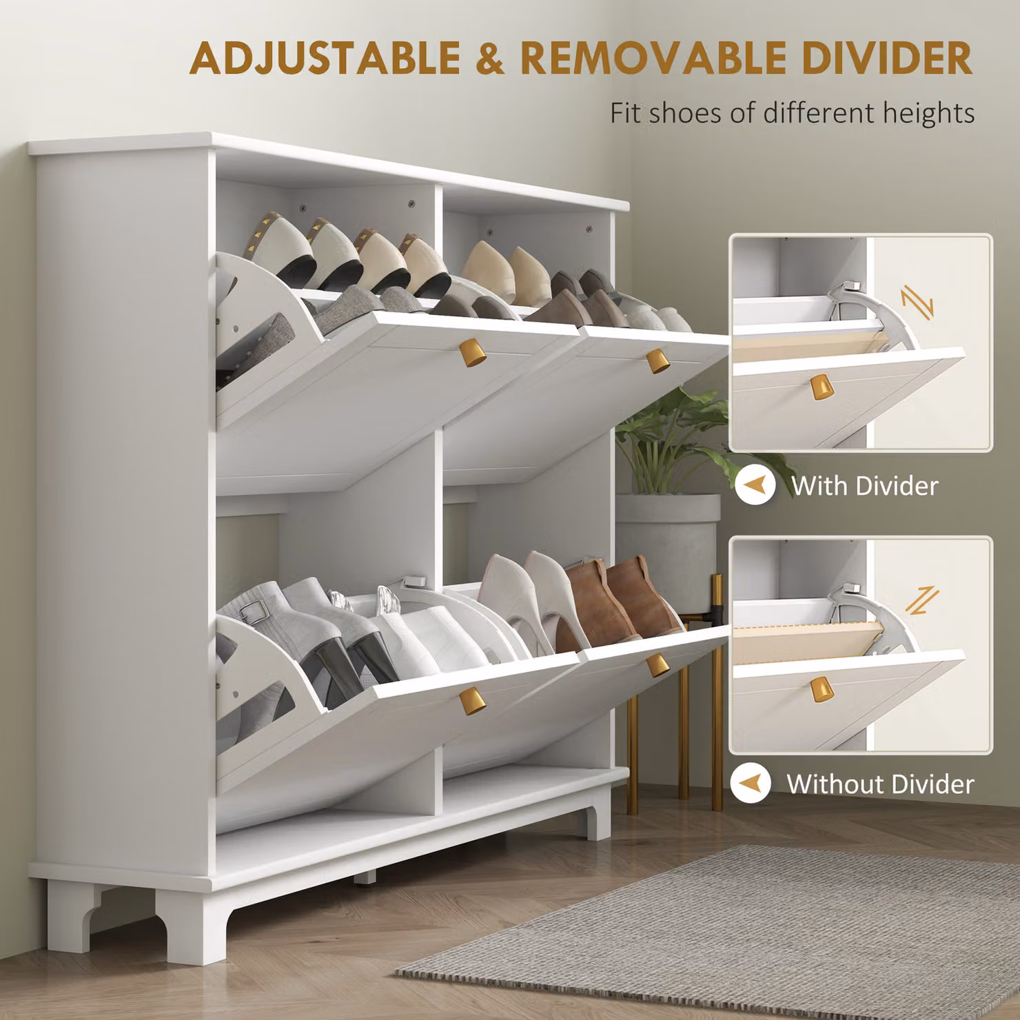 HOMCOM Slim White and Gold Shoe Storage Cabinet with 4 Tilting Compartments and Internal Shelves for 16 Pairs of Shoes – 3