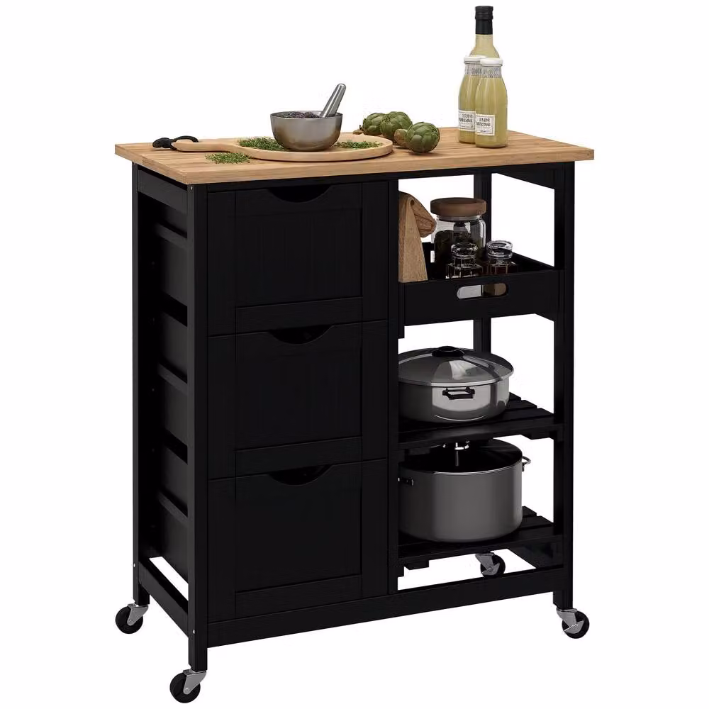 HOMCOM Modern Rolling Kitchen Island and Bar Serving Cart with Wood Top and Castors, Black or White, W: 67 cm, D: 37 cm, H: 85.5 cm – 2
