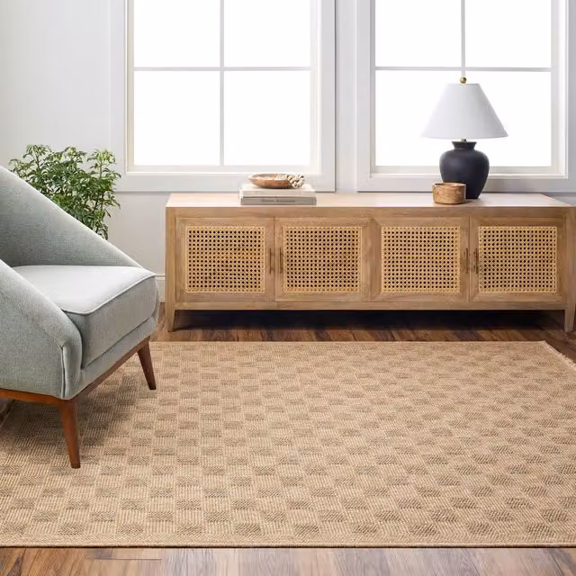 Livabliss Mirage-Cottage Tan Brown Checkerboard Fringe Jute-Look Indoor and Outdoor Rug, W: 160 cm, D: 215 cm – 1