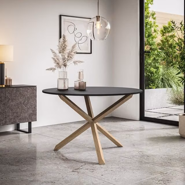 More4Homes Malvern Round Dining Table in Black with Solid Oak Legs, Diameter: 120 cm, Height: 75 cm