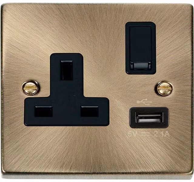 SE HOME Antique Brass Surface Mount 1 Gang 13A DP 1 USB Switched Socket