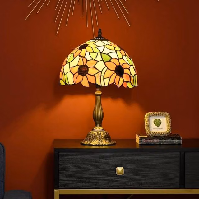 EONLION Vintage Stained Glass Table Lamp in Bronze and Multicolour