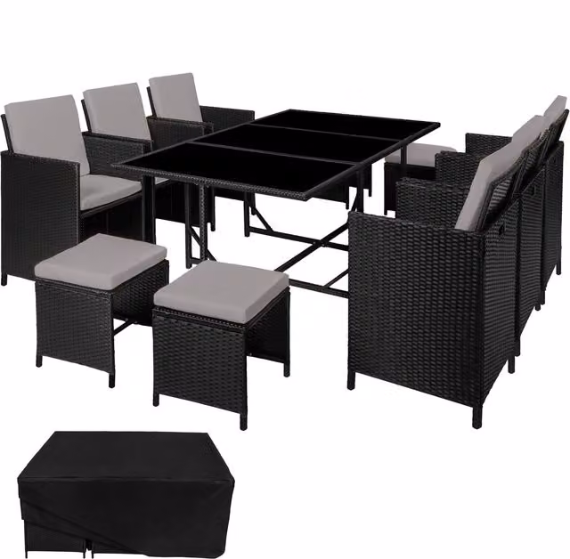 tectake Modern Rattan Garden Furniture Set with Glass Top in Black and Grey – 9