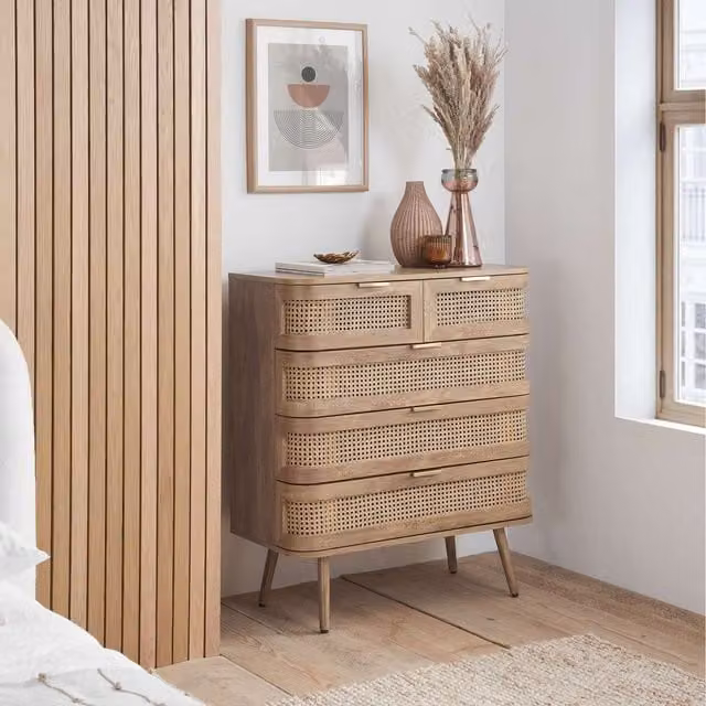 Birlea Sark Oak Mid Century Modern Rattan Chest of 5 Drawers in Brown