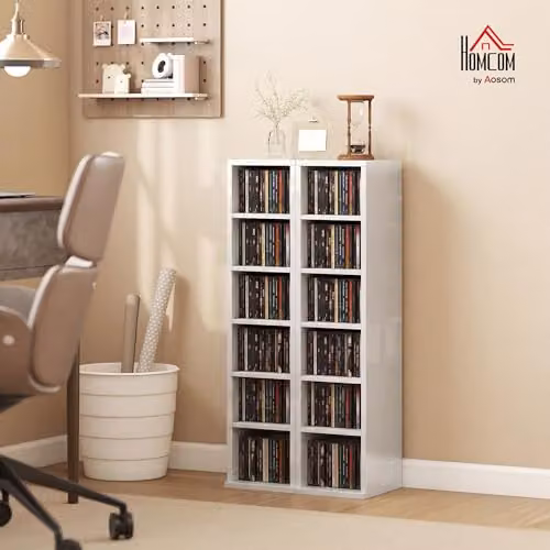 HOMCOM Set of 2 High Gloss White CD and DVD Storage Tower Racks with Adjustable Shelves – 2