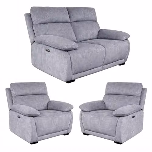 Furnishings For Less UK Piccadilly Grey Fabric Electric Recliner Sofa Set with 2 Seater and 2 Armchairs featuring USB Charging Ports