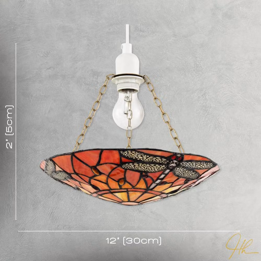 Happy Homewares Traditional Dragonfly Tiffany Glass Easy Fit Pendant Light Shade in Orange and Gold/Brass – 5